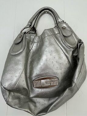 Vintage Guess Y2K Ostrich Embossed Hobo Bag Silver G Logo Shoulder Bag